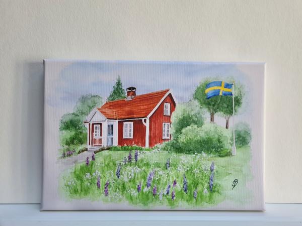 Sweden house by the lake - watercolor art prints on canvas - stretcher frame 30 x 20 cm