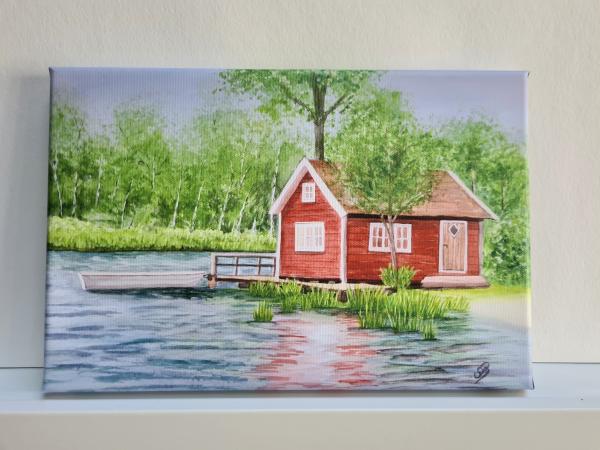 Sweden house by the lake - watercolor art prints on canvas - stretcher frame 30 x 20 cm