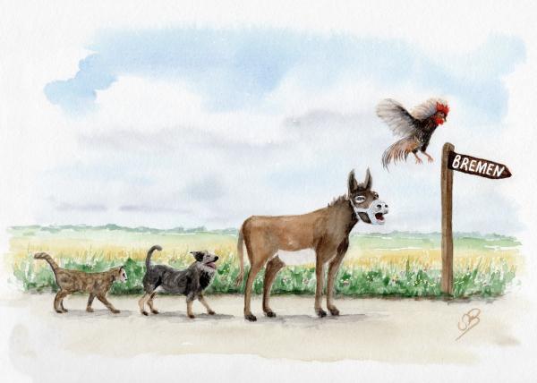 Bremen town musicians watercolor print DIN A4 picture