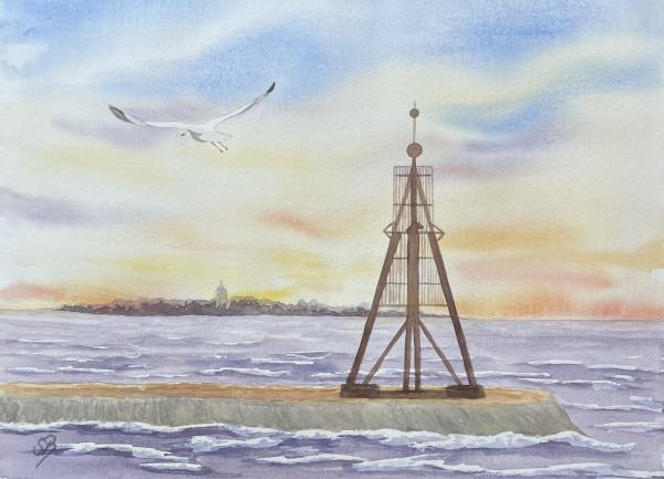 25 art postcards Cux05 Cuxhaven life ring Sahlenburg with seagull and beach chair - watercolor