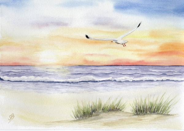 Aquarell Druck DIN A4 Bild Aquarelldruck Strand Sonnenuntergang Meer Wellen Möwe