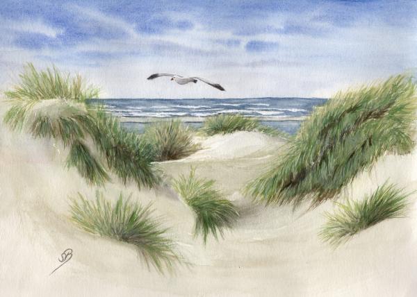 Aquarell DIN A4 Bild Aquarelldruck Dänemark Strandhaus Strand Fahne Meer Möwe