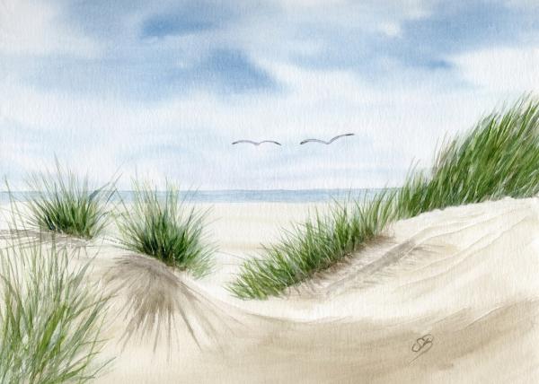 Aquarell DIN A5 Bild Aquarelldruck  Strandweg Düne Meer