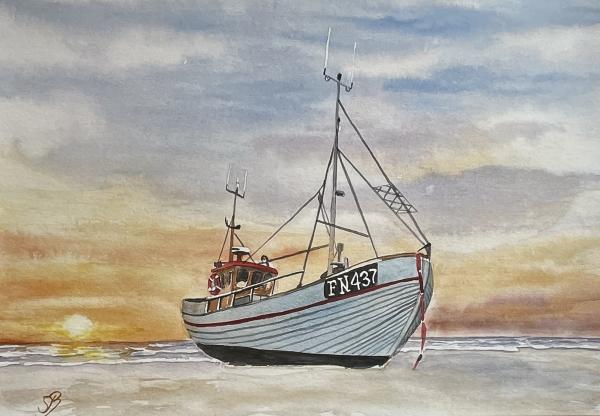 Watercolor Art Print Boat Fishing Boat in Denmark with Sunset and Beach Lökken Picture Art Original A3