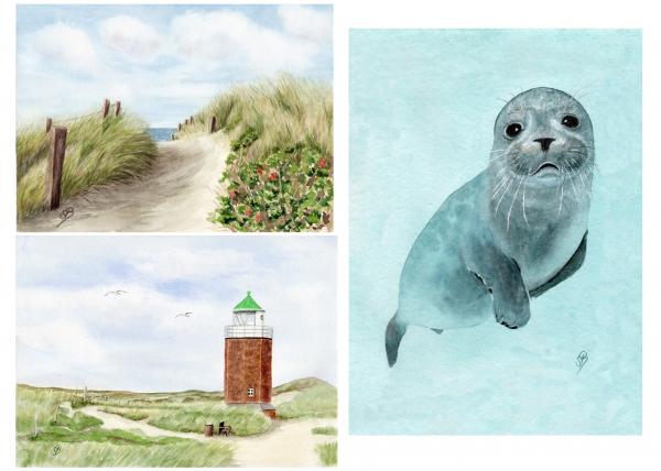 15 postcards different art postcards North Sea lighthouse Westerhever Jever beach sunset sea dune seal dyke sheep - watercolor