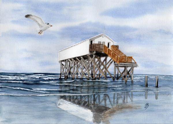 Watercolor print DIN A4 picture watercolor print Sankt Peter-Ording beach sea waves seagull