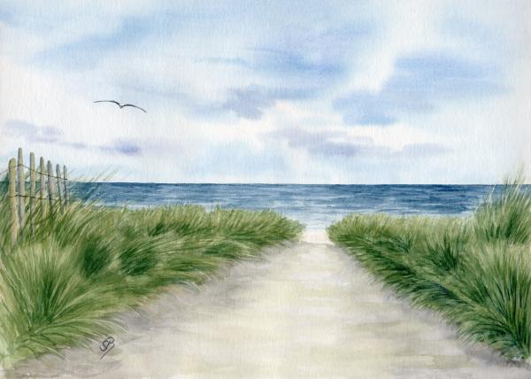 Aquarell DIN A4 Bild Aquarelldruck Amrum Kniepsand Nordsee Düne Meer Möwe Strand