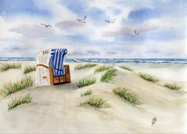 Aquarell DIN A4 Bild Aquarelldruck Sylt Nordsee Strandkorb Düne Meer Möwe Strand