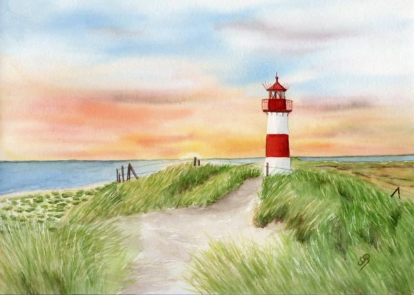 Aquarell DIN A4 Bild Aquarelldruck Sylt List Nordsee Leuchtturm Düne