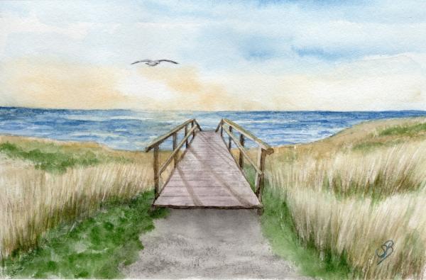 Original Aquarell Strand Meer Steg Düne Sonnenuntergang Sylt - original Gemälde inkl. Rahmen