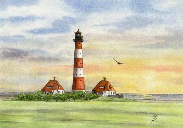 Watercolor DIN A5 picture watercolor print lighthouse Westerhever Westerheversand North Sea Schleswig Holstein